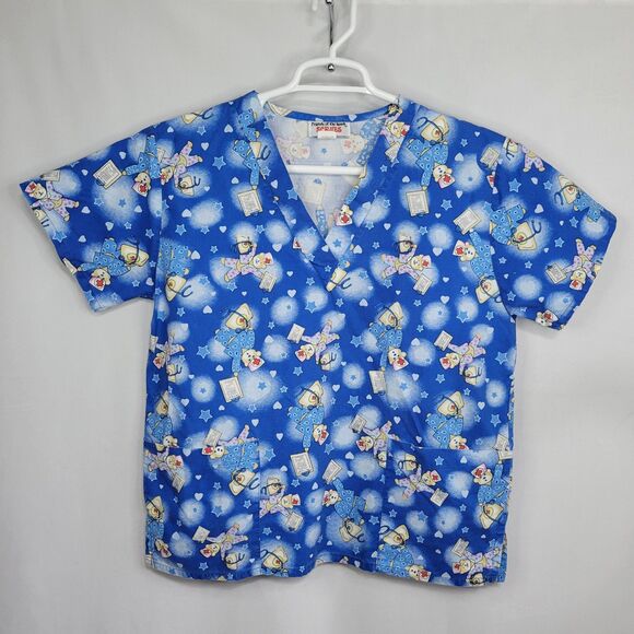 Friends of the Heart Scrubs top V neck nurse bears blue size small - Picture 1 of 7